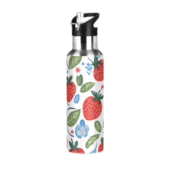 Yayeee 33oz Insulated Water Bottle Double Wall Stainless Steel with Flip Straw Lid, Vibrant Strawberries
