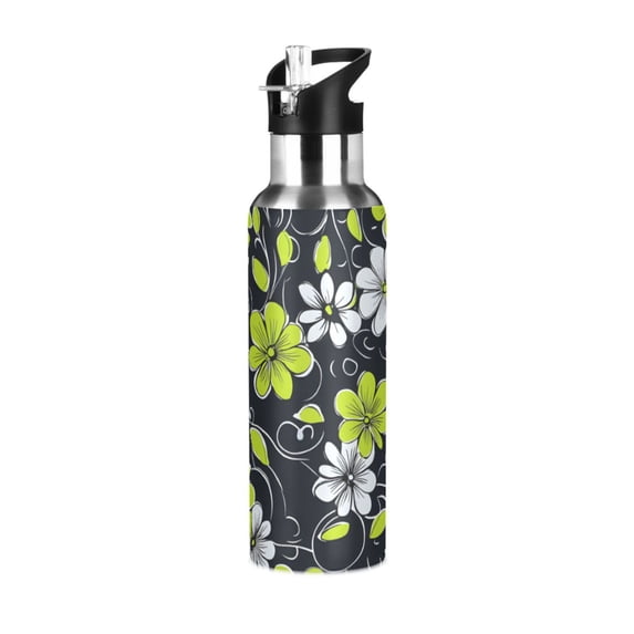 Yayeee 33oz Insulated Water Bottle Double Wall Stainless Steel with Flip Straw Lid, White Flower Pattern