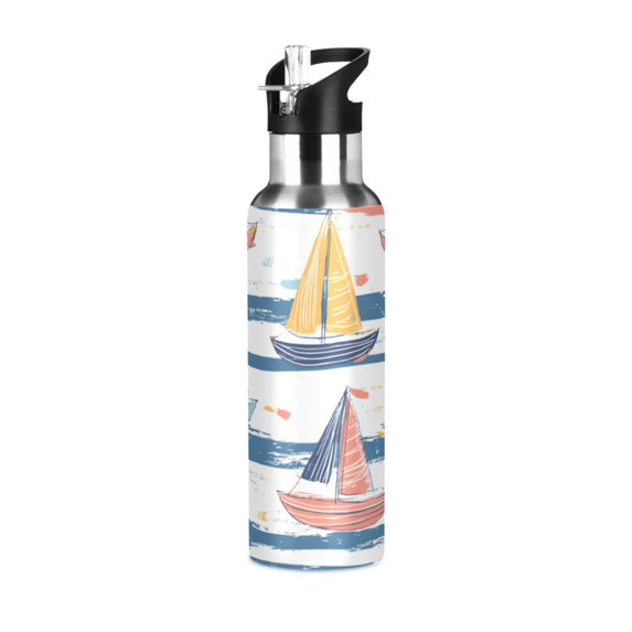 Yayeee 33oz Insulated Water Bottle Double Wall Stainless Steel with Flip Straw Lid, White Hand Drawn Sailboats