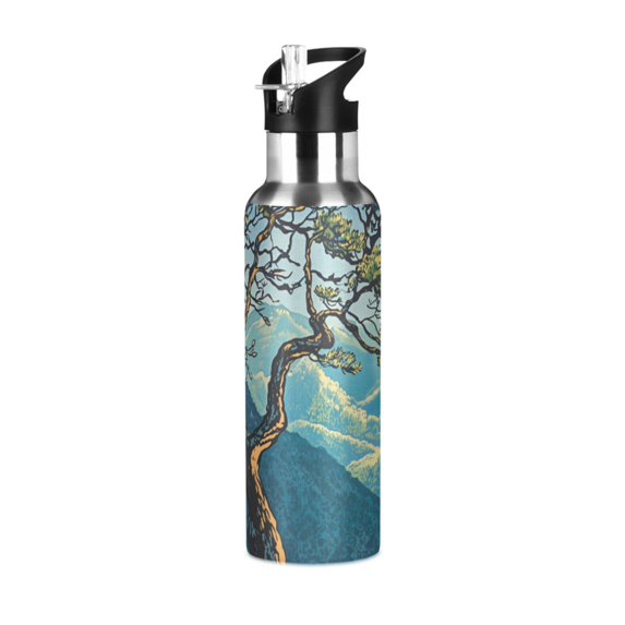 Yayeee 33oz Insulated Water Bottle Double Wall Stainless Steel with Flip Straw Lid, Yellow Tree