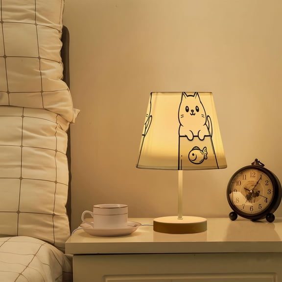 Yayeee Mini Table Lamp 11.8" Dimmable with Fabric Shade 3 Color Temperatures, Beige Chubby Cat