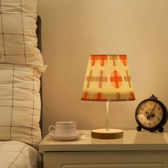 Yayeee Mini Table Lamp 11.8" Dimmable with Fabric Shade 3 Color Temperatures, Beige Geometric Pattern