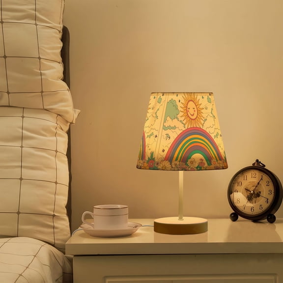 Yayeee Mini Table Lamp 10.8" Dimmable with Fabric Shade 3 Color Temperatures, Beige Rainbow