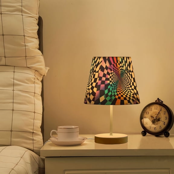 Yayeee Mini Table Lamp 11.8" Dimmable with Fabric Shade 3 Color Temperatures, Beige Wavy Plaid