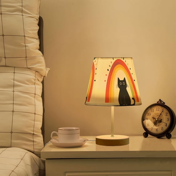 Yayeee Mini Table Lamp 11.8" Dimmable with Fabric Shade 3 Color Temperatures, Black Cat Rainbow