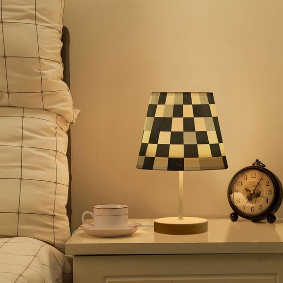 Yayeee Mini Table Lamp 11.8" Dimmable with Fabric Shade 3 Color Temperatures, Black and Gray Plaid Pattern