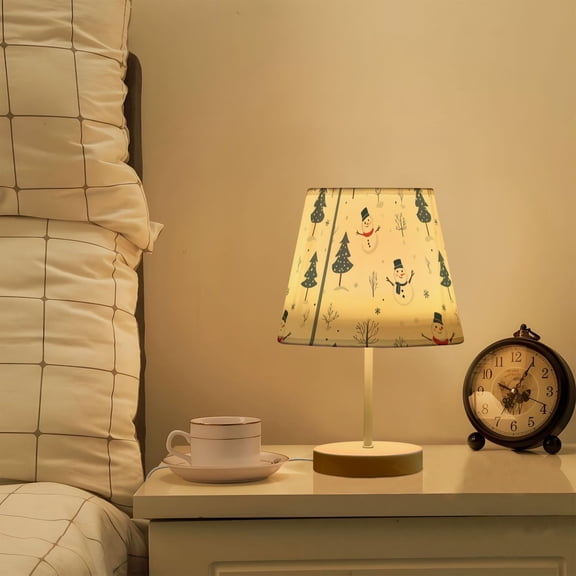 Yayeee Mini Table Lamp 11.8" Dimmable with Fabric Shade 3 Color Temperatures, Blue Cartoon Snowmen