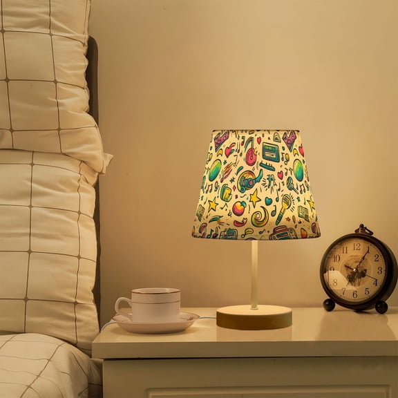 Yayeee Mini Table Lamp 11.8" Dimmable with Fabric Shade 3 Color Temperatures, Blue Doodle Pattern