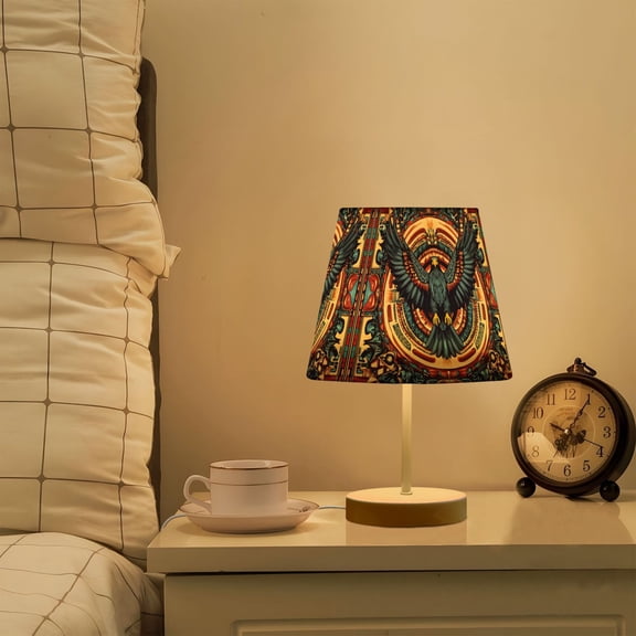 Yayeee Mini Table Lamp 10.8" Dimmable with Fabric Shade 3 Color Temperatures, Blue Geometric Eagle