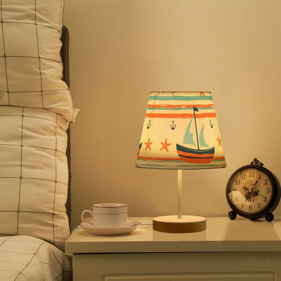 Yayeee Mini Table Lamp 11.8" Dimmable with Fabric Shade 3 Color Temperatures, Blue Nautical Pattern