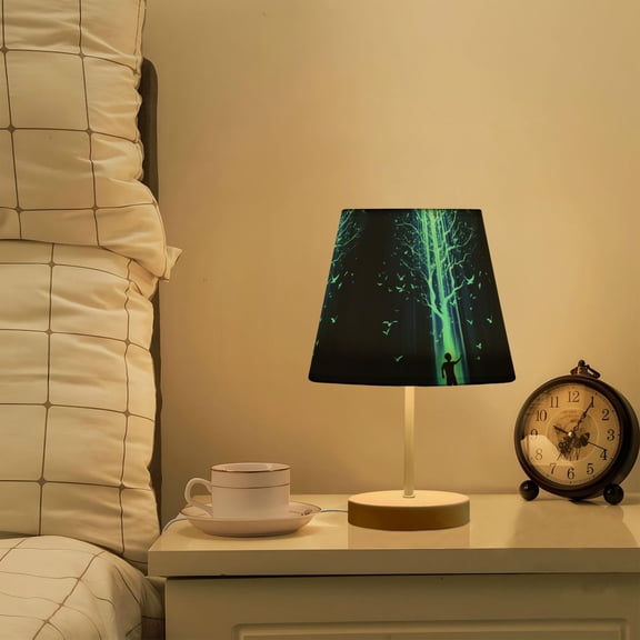 Yayeee Mini Table Lamp 11.8" Dimmable with Fabric Shade 3 Color Temperatures, Blue Tree