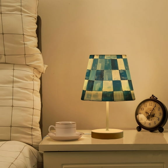 Yayeee Mini Table Lamp 11.8" Dimmable with Fabric Shade 3 Color Temperatures, Blue and Gray Plaid Pattern