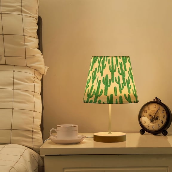 Yayeee Mini Table Lamp 11.8" Dimmable with Fabric Shade 3 Color Temperatures, Cactus Pattern