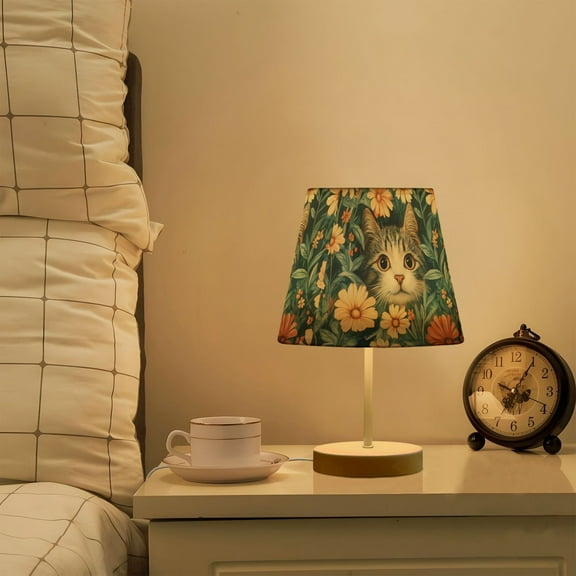 Yayeee Mini Table Lamp 10.8" Dimmable with Fabric Shade 3 Color Temperatures, Flowers Cat