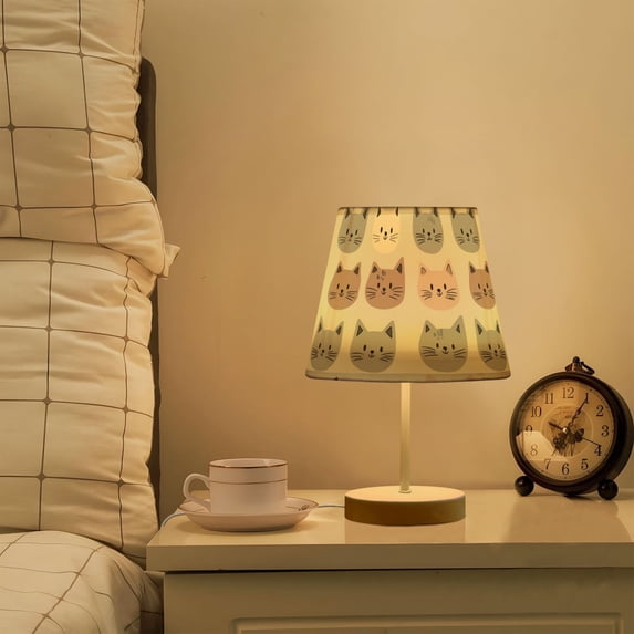 Yayeee Mini Table Lamp 10.8" Dimmable with Fabric Shade 3 Color Temperatures, Gray Cat Pattern