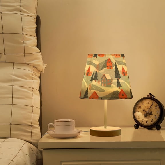 Yayeee Mini Table Lamp 10.8" Dimmable with Fabric Shade 3 Color Temperatures, Gray Snow Houses