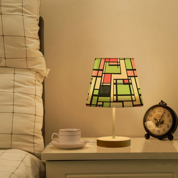 Yayeee Mini Table Lamp 11.8" Dimmable with Fabric Shade 3 Color Temperatures, Green Abstract Geometric