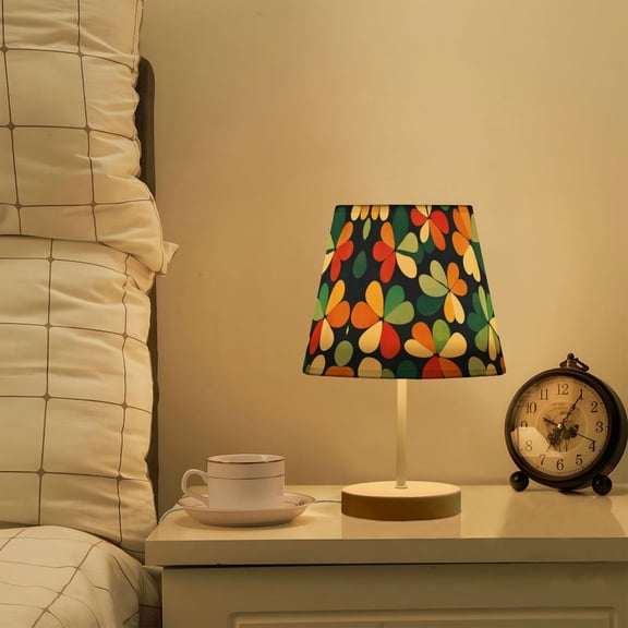 Yayeee Mini Table Lamp 10.8" Dimmable with Fabric Shade 3 Color Temperatures, Green Clover Pattern