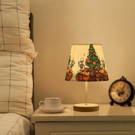 Yayeee Mini Table Lamp 10.8" Dimmable with Fabric Shade 3 Color Temperatures, Green Halloween Christmas Trees