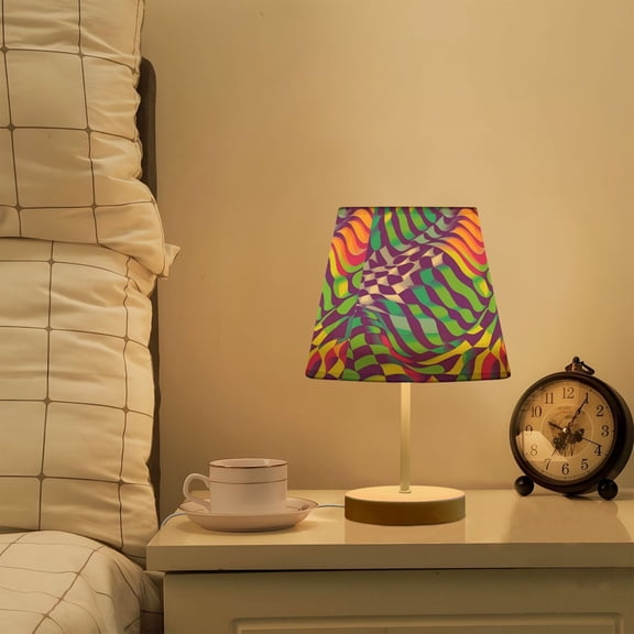 Yayeee Mini Table Lamp 11.8" Dimmable with Fabric Shade 3 Color Temperatures, Green Wavy Pattern