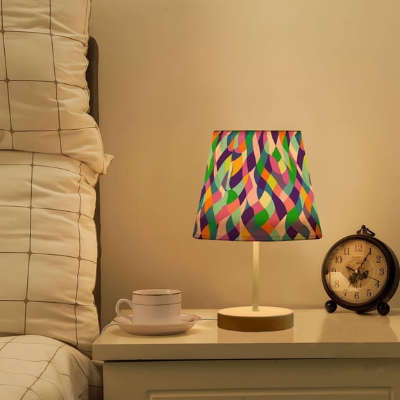 Yayeee Mini Table Lamp 10.8" Dimmable with Fabric Shade 3 Color Temperatures, Green Wavy Plaid