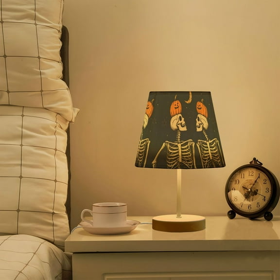 Yayeee Mini Table Lamp 10.8" Dimmable with Fabric Shade 3 Color Temperatures, Halloween Skeletons