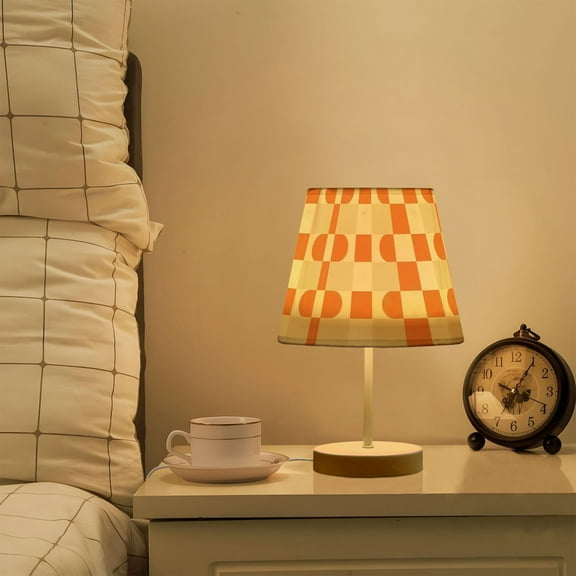 Yayeee Mini Table Lamp 11.8" Dimmable with Fabric Shade 3 Color Temperatures, Orange Checkered Pattern