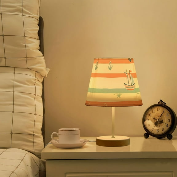 Yayeee Mini Table Lamp 10.8" Dimmable with Fabric Shade 3 Color Temperatures, Orange Nautical Pattern