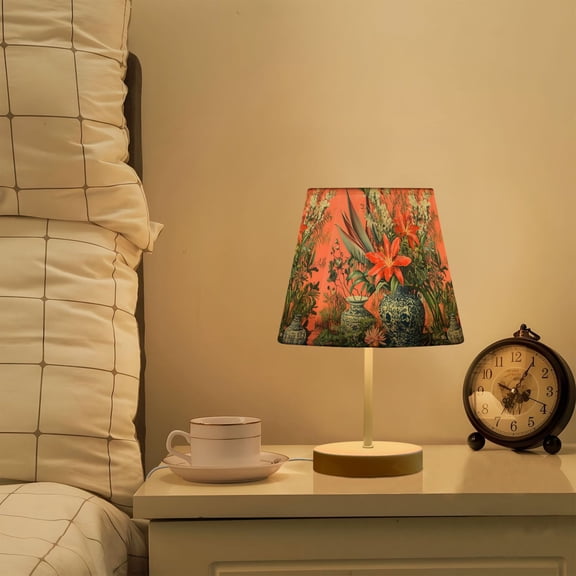 Yayeee Mini Table Lamp 11.8" Dimmable with Fabric Shade 3 Color Temperatures, Orange Vibrant Flowers