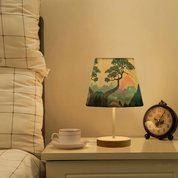 Yayeee Mini Table Lamp 10.8" Dimmable with Fabric Shade 3 Color Temperatures, Pine Tree Rainbow