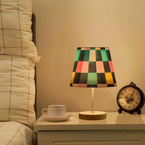 Yayeee Mini Table Lamp 11.8" Dimmable with Fabric Shade 3 Color Temperatures, Pink Checkered Pattern