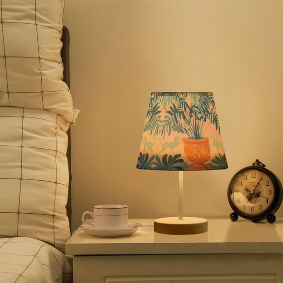 Yayeee Mini Table Lamp 11.8" Dimmable with Fabric Shade 3 Color Temperatures, Pink Leaves