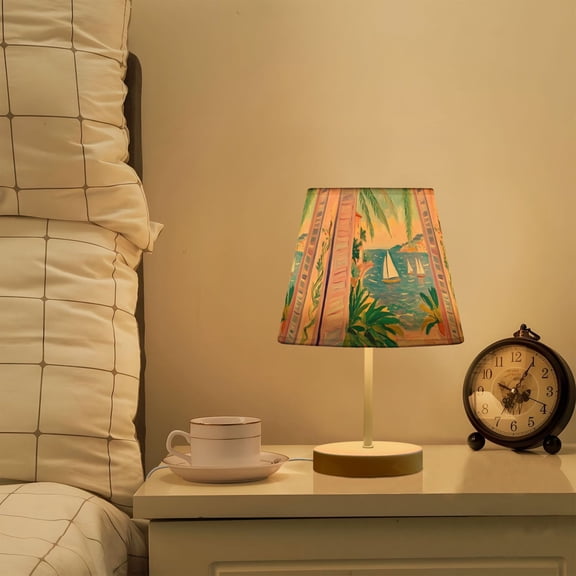 Yayeee Mini Table Lamp 11.8" Dimmable with Fabric Shade 3 Color Temperatures, Pink Seaside Boat