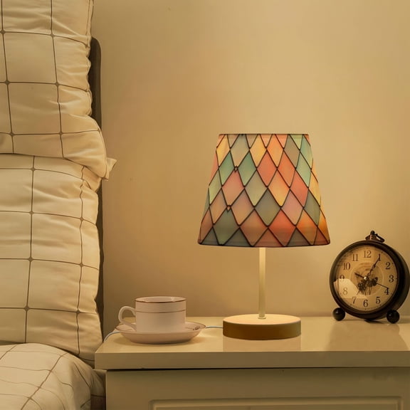 Yayeee Mini Table Lamp 11.8" Dimmable with Fabric Shade 3 Color Temperatures, Pink Shimmering Pattern