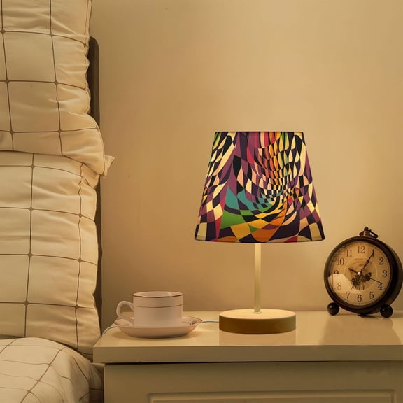 Yayeee Mini Table Lamp 11.8" Dimmable with Fabric Shade 3 Color Temperatures, Purple Wavy Plaid