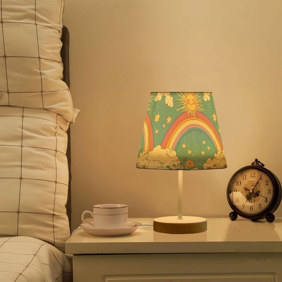 Yayeee Mini Table Lamp 11.8" Dimmable with Fabric Shade 3 Color Temperatures, Retro Beige Rainbow
