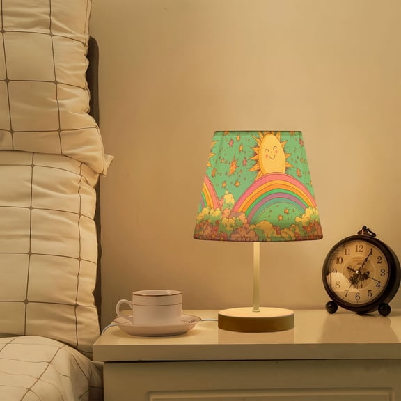 Yayeee Mini Table Lamp 10.8" Dimmable with Fabric Shade 3 Color Temperatures, Retro Blue Rainbow
