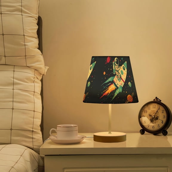 Yayeee Mini Table Lamp 10.8" Dimmable with Fabric Shade 3 Color Temperatures, Rocket Pattern