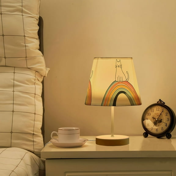 Yayeee Mini Table Lamp 11.8" Dimmable with Fabric Shade 3 Color Temperatures, White Cat Rainbow