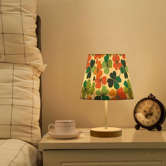 Yayeee Mini Table Lamp 11.8" Dimmable with Fabric Shade 3 Color Temperatures, White Clover Pattern