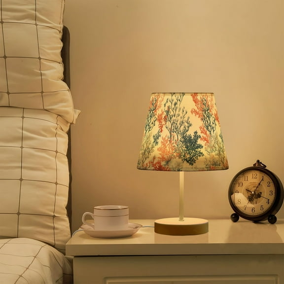 Yayeee Mini Table Lamp 10.8" Dimmable with Fabric Shade 3 Color Temperatures, White Sea Plants