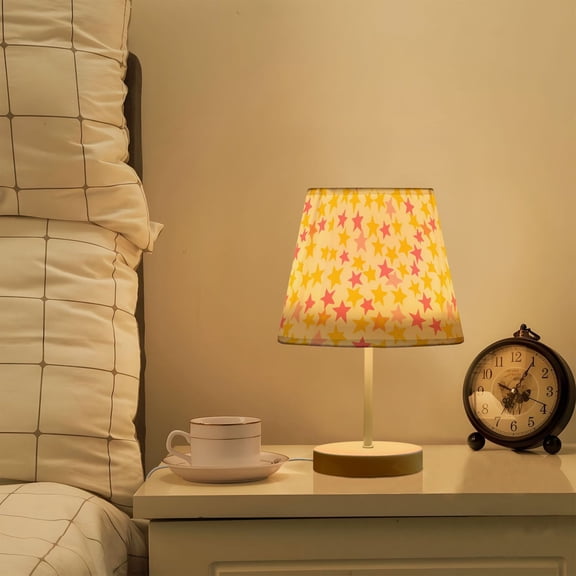 Yayeee Mini Table Lamp 10.8" Dimmable with Fabric Shade 3 Color Temperatures, White Stars Pattern