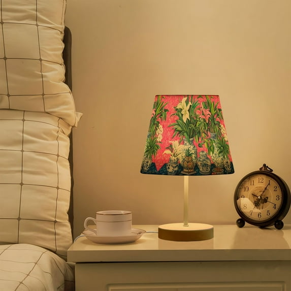 Yayeee Mini Table Lamp 10.8" Dimmable with Fabric Shade 3 Color Temperatures, White Vibrant Flowers
