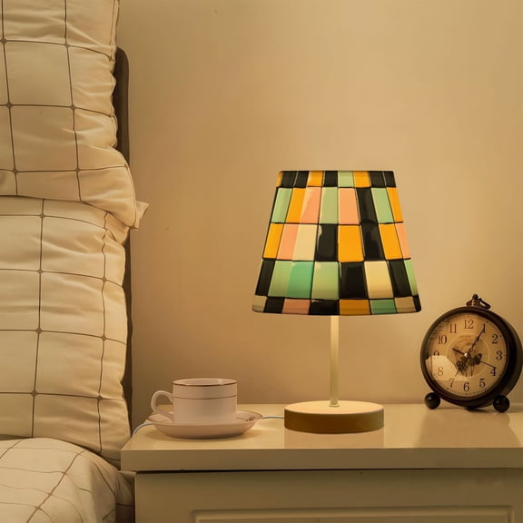 Yayeee Mini Table Lamp 10.8" Dimmable with Fabric Shade 3 Color Temperatures, Yellow Checkered Pattern