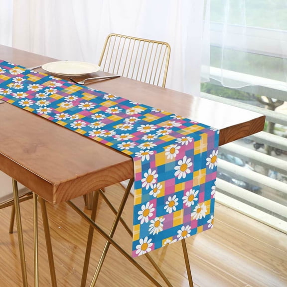 Yayeee Table Runner 70 inches Long Home Kitchen Dinning Party Decoration, Blue Checkered Daisy