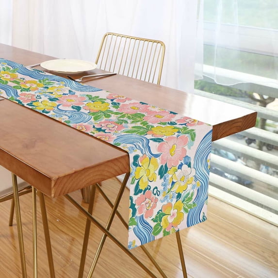 Yayeee Table Runner 70 inches Long Home Kitchen Dinning Party Decoration, Blue Floral Wave