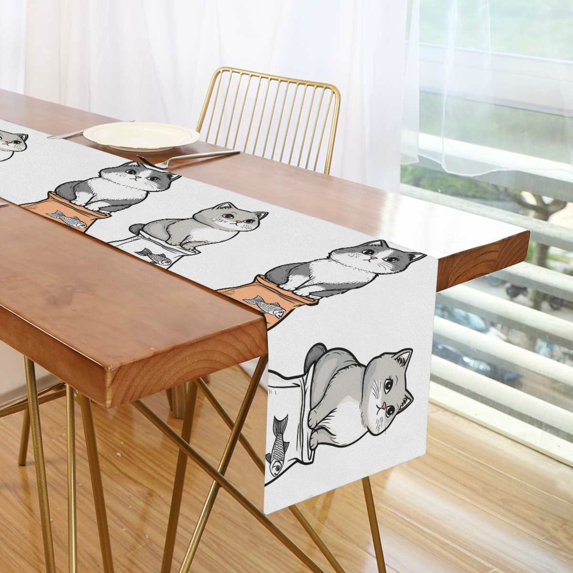 Yayeee Table Runner 70 inches Long Home Kitchen Dinning Party Decoration, Gray Cute Chubby Cat