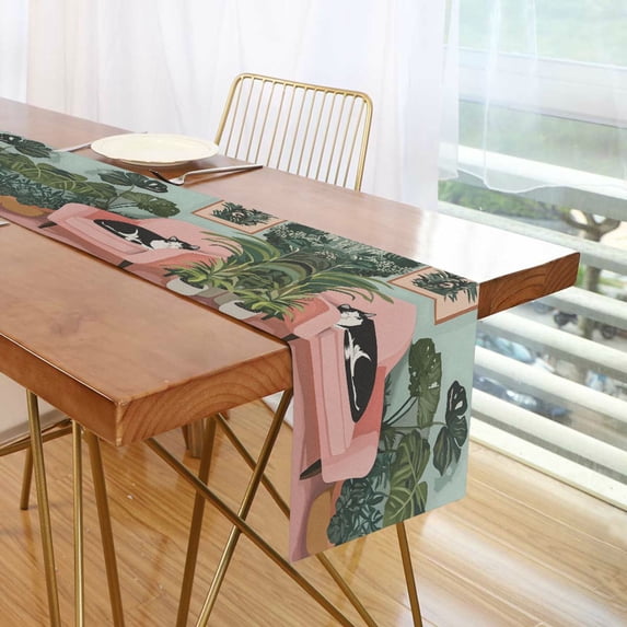 Yayeee Table Runner 70 inches Long Home Kitchen Dinning Party Decoration, Pink Sleeping Cat