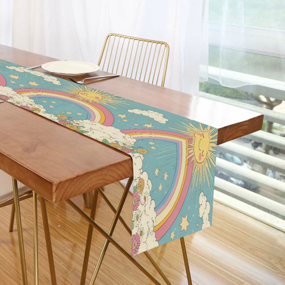 Yayeee Table Runner 70 inches Long Home Kitchen Dinning Party Decoration, Retro Beige Rainbow