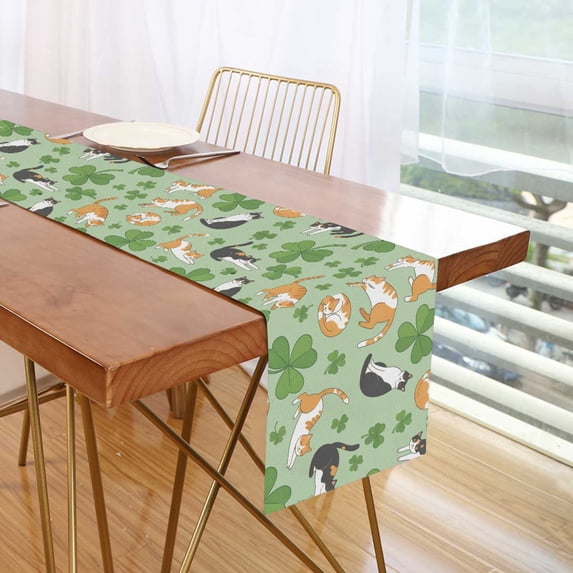 Yayeee Table Runner 70 inches Long for Home Kitchen Rectangle Dining Table Holiday Party Decoration, Cartoon Cat Clover Pattern